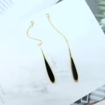 長流蘇黑色水滴×吊墜耳環