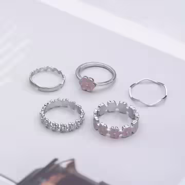 甜美粉紅花朵×五套件戒指組×銀色