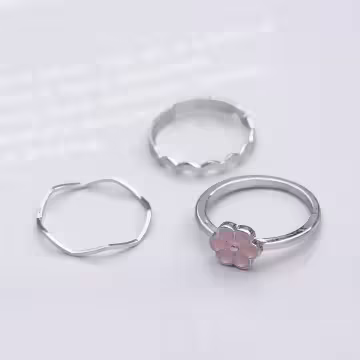 甜美粉紅花朵×五套件戒指組×銀色