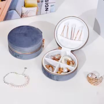 圓形植絨×拉鍊飾品盒×深灰