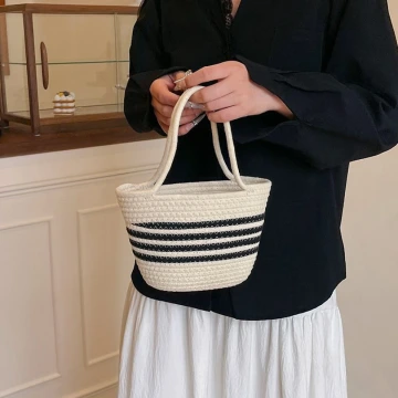 黑線條棉繩編×手提袋×白色.avif
