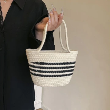 黑線條棉繩編×手提袋×白色.avif