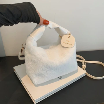 皺折提把毛絨小包方×斜背包×白色.avif