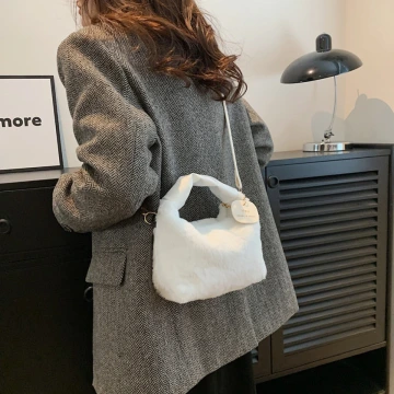 皺折提把毛絨小包方×斜背包×白色.avif