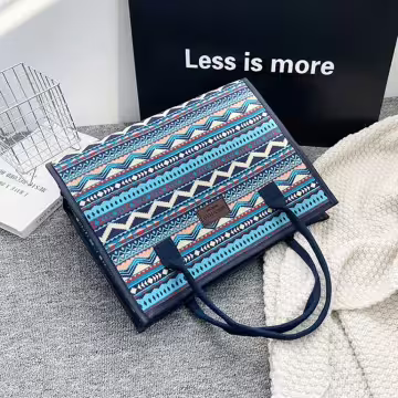 民族風線條圖騰印花×手提袋×藍色