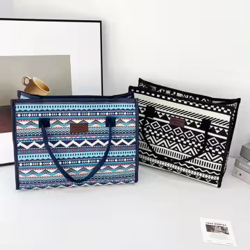 民族風線條圖騰印花×手提袋×藍色