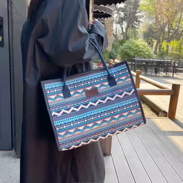 民族風線條圖騰印花×手提袋×藍色