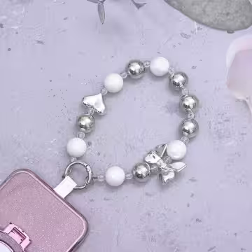 銀色蝴蝶結愛心白珠×手機腕帶掛繩