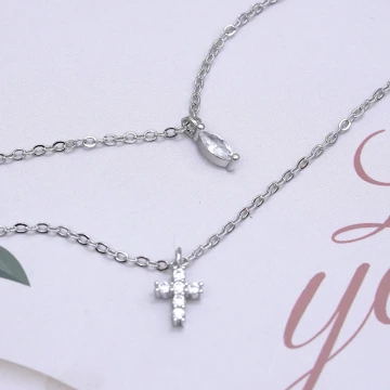 925銀飾×晶鑽十字水滴×雙層鎖骨項鍊.avif