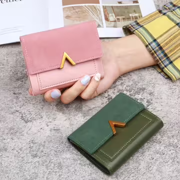 金屬V字磨砂麂皮×三折短皮夾×棕咖