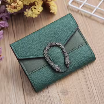 龍紋馬蹄荔枝皮革×三折短皮夾×綠色