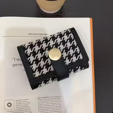 千鳥紋布面皮革×三折短皮夾×黑色