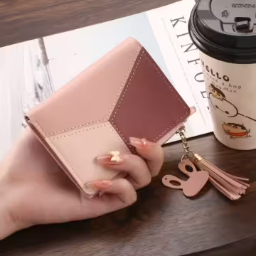 撞色拼接皮革×對折拉鍊短皮夾×粉紅