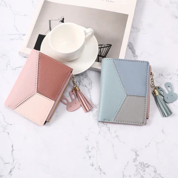 撞色拼接皮革×對折拉鍊短皮夾×粉紅.avif