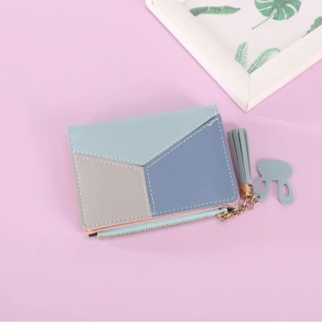 撞色拼接皮革×對折拉鍊短皮夾×粉紅.avif