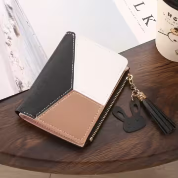 撞色拼接皮革×對折拉鍊短皮夾×黑色