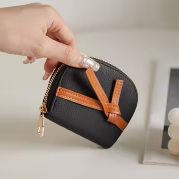 禮物綁帶荔枝紋皮革×風琴卡夾×黑色