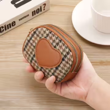 愛心千鳥紋×雙層拉鍊零錢包×棕咖