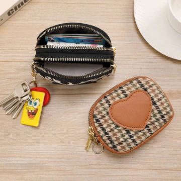愛心千鳥紋×雙層拉鍊零錢包×棕咖.avif