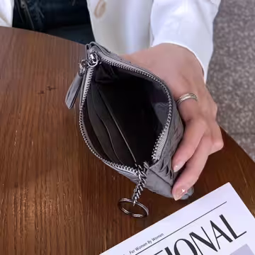 中性質感編織皮革×拉鍊零錢包×鐵灰