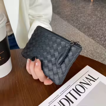 中性質感編織皮革×拉鍊零錢包×鐵灰