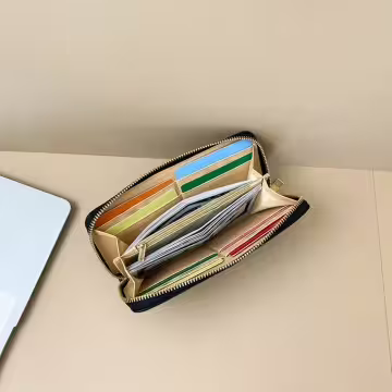 大編紋格紋×拉鍊長皮夾×黑色