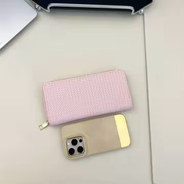 細編交織紋×拉鍊長皮夾×粉紅