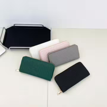 細編交織紋×拉鍊長皮夾×黑色