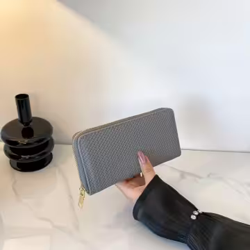 細編交織紋×拉鍊長皮夾×灰色