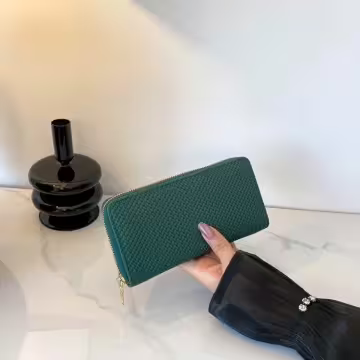 細編交織紋×拉鍊長皮夾×綠色