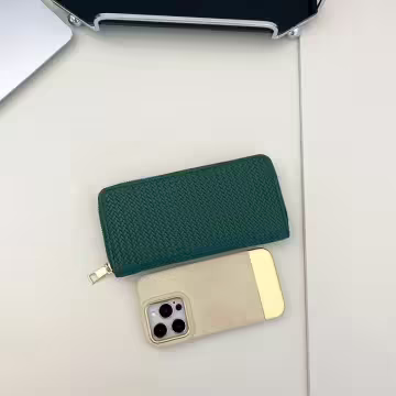 細編交織紋×拉鍊長皮夾×綠色