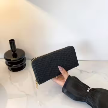 細編交織紋×拉鍊長皮夾×黑色