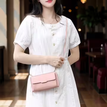 雙層口袋皮革×可斜背×手機拉鍊長皮夾×粉紅