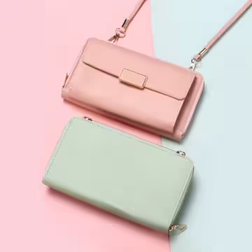 雙層口袋皮革×可斜背×手機拉鍊長皮夾×棕咖