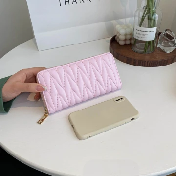 V字交叉繡線紋×拉鍊長皮夾×粉紅.avif