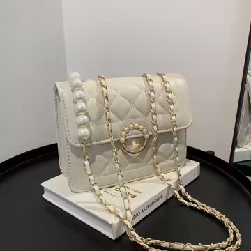 小香風珍珠輕奢菱格紋×斜背包×白色