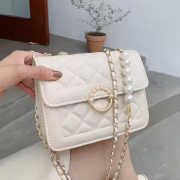 小香風珍珠輕奢菱格紋×斜背包×白色