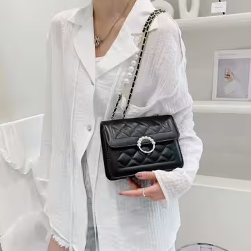 小香風珍珠輕奢菱格紋×斜背包×黑色