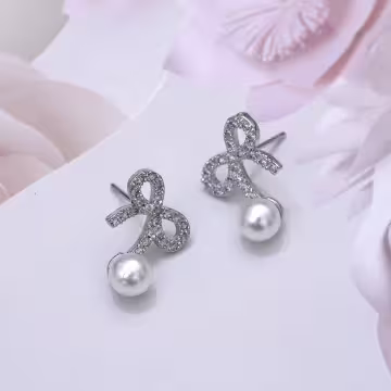 925銀針×珍珠晶鑽蝴蝶結×耳針