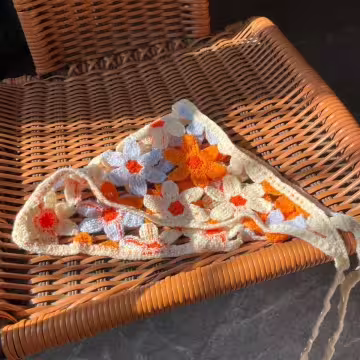 鏤空花朵針織×三角頭巾×橘藍