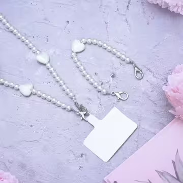 白珍珠小愛心×兩用手機繩×斜背繩×掌上提繩