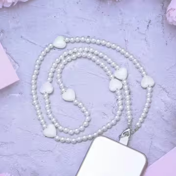 白珍珠小愛心×兩用手機繩×斜背繩×掌上提繩