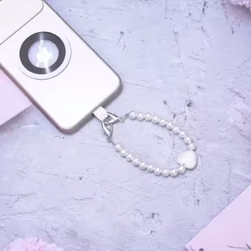 白珍珠小愛心×兩用手機繩×斜背繩×掌上提繩