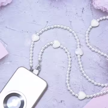 白珍珠小愛心×兩用手機繩×斜背繩×掌上提繩