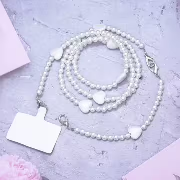 白珍珠小愛心×兩用手機繩×斜背繩×掌上提繩