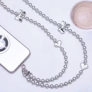 銀色愛心蝴蝶結×手機斜背雙勾掛繩