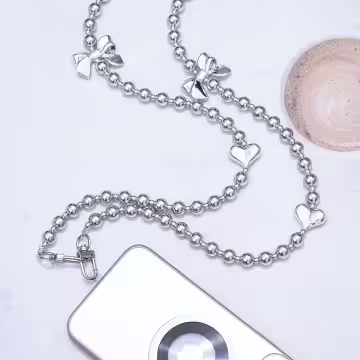 銀色愛心蝴蝶結×手機斜背雙勾掛繩