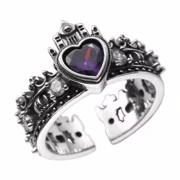 美式×復古×紫色鋯石×愛心皇冠×開口戒指