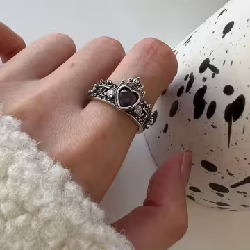 美式×復古×紫色鋯石×愛心皇冠×開口戒指