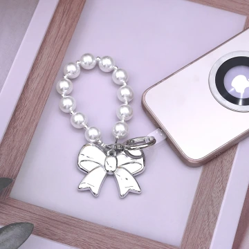超大蝴蝶結珍珠×手機掌上掛繩×銀色.avif